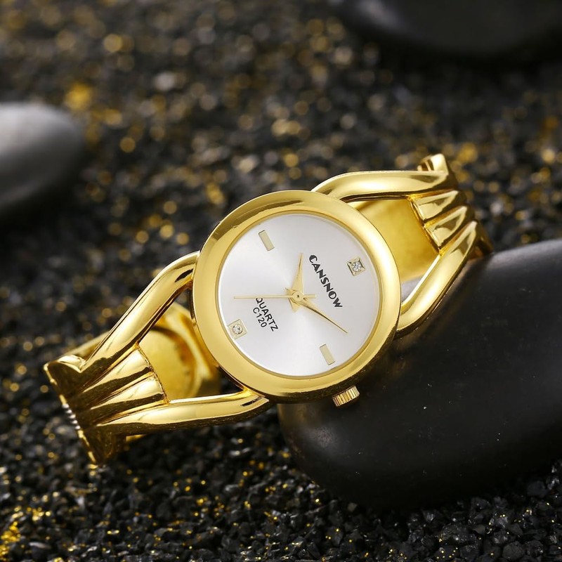 Weicam Women Simple Gold Round Dial Cuff Bangle Bracelet Analog
