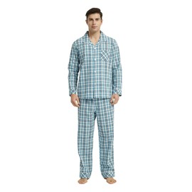 Vulcanodon Men's 100% Cotton Pyjamas Long Set Checked with Button Placket Soft Sleepwear, water blue, S