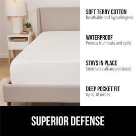 Gorilla Guard Waterproof Mattress Protector, Stain Protection Fitted Terry Cloth Bed Cover, Elastic Stretchable Deep Pockets, Hypoallergenic Breathable Machine Washable Bedding, Queen Size White