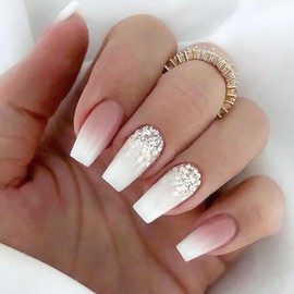 White French Tip Press on Nails with Silver Glitter Designs Medium Square Shaped Fake Nails Sparkly False Nails Pink White Ombre Acrylic Nails Full Cover Stick on Nails for Women Daily Wear 24 Pcs
