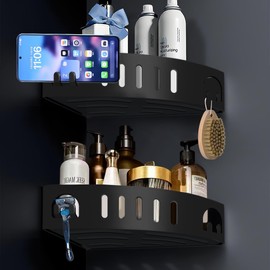 Corner Shower Caddy with Shaving caddy , Adhesive shower caddies , Large Area Adhesive Backing, Rust-Proof Aluminum Alloy Bathroom Rack, Suitable for Shower Room To Store Toiletries (Black 2 Layers)