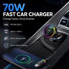 70W USB-C Car Charger for Fast Charging – PD 35W Adapter with Spring Type-C Cable for Phones & Tablets