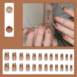 24Pcs Square French False Nails Tip, Cat's Eye Press on Nails with Leopard Design, Acrylic Full Cover Fake Nail Removable Stick on Nails for Women Girls Nails Art Manicure (French Brown Leopard)