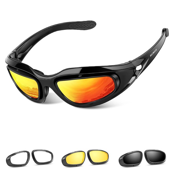 BELINOUS Polarized Motorcycle Riding Glasses Goggles for Men Foam Padding, Windproof Anti-dust Sunglasses w/ 4 Interchangeable Lens Kit & Case, Protective Eyewear for Driving Biking Day and Night
