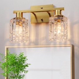 huong son 2 Light Brushed Gold Bathroom Vanity Light Over Mirror, Modern Vanity Lighting with Crystal Glass Shade, Wall Mount Bathroom Light Fixtures, E26 Base