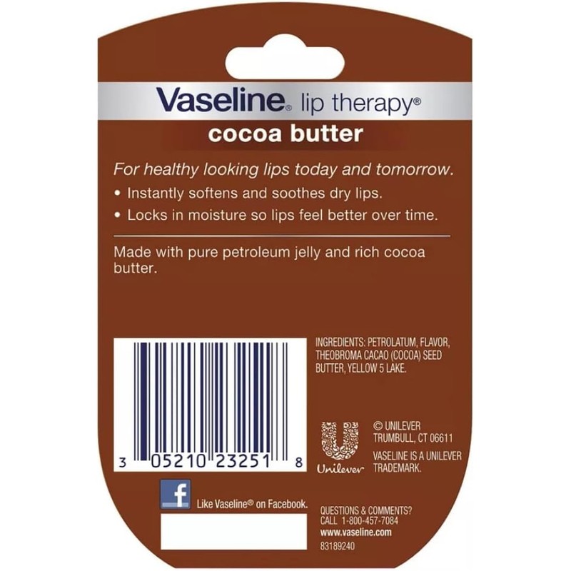 Vaseline Lip Therapy Cocoa Butter.25 oz (Pack of 2)