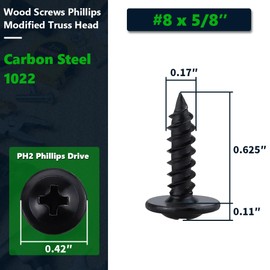 #8 x 5/8" Modified Truss Head Wood Screws, Wafer Head Self Tapping Screws, Black Coated, Carbon Steel Quick Self Tapping Screws for Wood Projects, PH2 Bit Included, 100 Pack