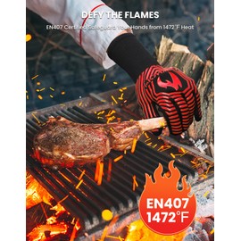 GEEKHOM Heat Resistant Fireproof Oven Mitts: EN407 Certified for 1472°F, 13-Inch Flexible Silicone Gloves for Baking (Red)