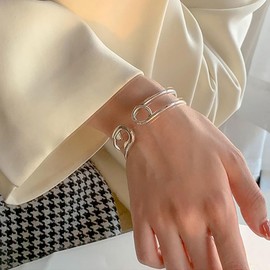 Izpack Safety Pin Cuff Bracelet for Women Sterling Silver Plated Paperclip Double Layered Open Bangle Bracelets Adjustable Vintage Jewelry Gifts Birthday