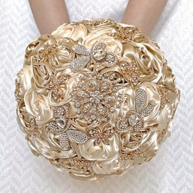 QingForBesty Handmade Floral Satin Rose Butterfly Shape Rhinestone Bridal Bouquet Luxury Golden Rhinestone Artificial Flowers for Wedding