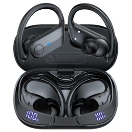 Wireless Earbuds Bluetooth Headphones 75Hrs Playtime Sport Earbuds Noise Cancellation HiFi Stereo Sound with LED Dispaly, IPX7 Waterproof Bluetooth Earbuds with Earhooks for Running Gym, Frosted Black