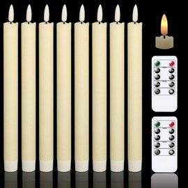GenSwin Flameless Flickering Taper Candles with 2 Remote Controls and Timer, Real Wax 3D Wick Light Window Candles Battery Operated Pack of 8, Christmas Home Wedding Decor(Ivory, 0.78 X 9.64 Inch)