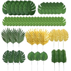78 Pieces 9 Kinds Artificial Tropical Leaf Jungle Leaves Golden Plant Safari Leaves Decorations for Hawaiian Party Decorations Beach Birthday Luau Party Decorations