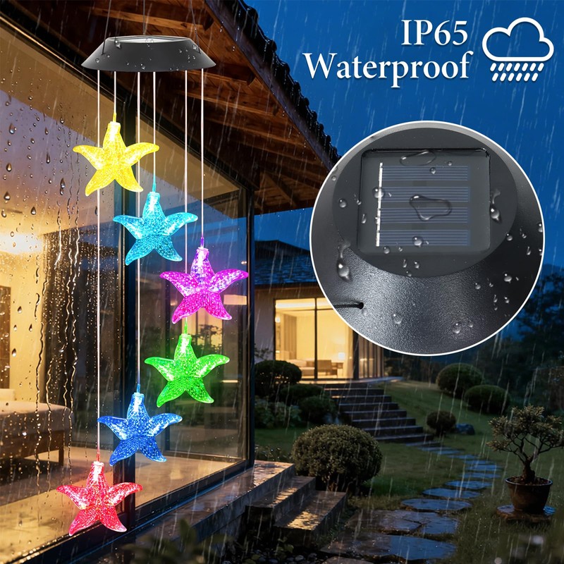 Starfish Solar Wind Chimes for Outside with Color Changing LED