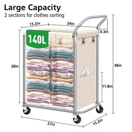 Laundry Hamper 2 Section, Rolling Laundry Basket with Wheels, Laundry Cart with Removable Liner, 37 Gallons (140L) Clothes Hamper, Blanket Dirty Clothes Basket Steel Frame with Handle(Beige)