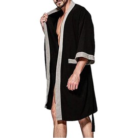 OGOUGUAN Men's Waffle Kimono Robe Cotton Lightweight Nightgowns Spa Terry Cloth Bathrobe Sleepwear with Pockets (Black-Grey, L)