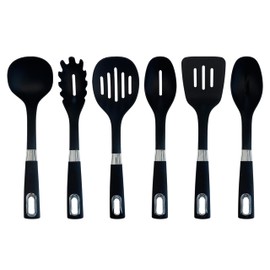 JS Gourmet 6 Pcs Kitchen Utensils Set, Heat Resistant, Non Scratch, Nylon Cooking Spoons Set for Nonstick Cookware, with Ergonomic Soft Touch Wooden Coated Handles