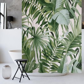 KAIRA Tropical Palm Leaf Shower Curtain 72 x 72 Inches Calm Polyester Fabric, Hook Set Included
