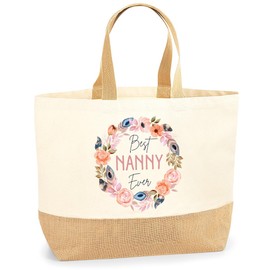 Grandmother Shopper Bag - Best Nanny Ever Flower Wreath - Jute Canvas X-Large Tote Bag - Mothers Day Nanny Grandma Gran Nan XL natural