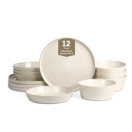 Stone Lain Claire 12-Piece Dinnerware Set Stoneware, Plates and Bowls Set, Dishwasher and Microwave Safe, Dish Set for 4, White