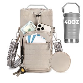 YIQUN Water Bottle Carrier Bag with Strap Insulated Water Bottle Carrier Sling Bag with Phone Pocket for Walking, Hiking, Cycling, Water Bottle Holder with Strap (Khaki, L (40oz-64oz))