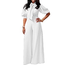 VERWIN Plain Dressy Full Length Bowknot Women's Jumpsuit High Waist Woman Romper (L, White)