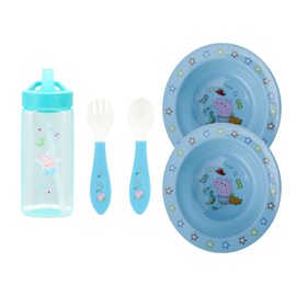 Toddler Cutlery Set, Square Straw Sipper 420ml, Fork & Spoon, Plate Dinnerware Set, Non-Spill Flip Up Spout Character Set, BPA Free Toddler Cutlery (Full Blue Bundle 2)