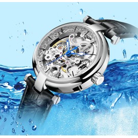 carlien Skeleton Automatic Steampunk Watches Gold-Tone Luminous Hands Leather Strap Wrist-Watch (Silver Black) For8160