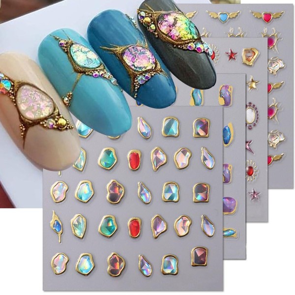 6 Sheets 5D Embossed Nail Stickers, Crystal Soft Glue Irregular Nail Gems Geometric Frame Nail Stickers Jelly Rhinestones Heart Star Nail Stickers Moon Sun Cloud Nail Stickers for Nail Art