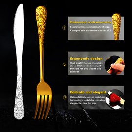 SoKalChw 4 Pieces Floral Flatware Set, For Personal and Family Use Food-Grade Vintage Stainless Steel Knife, Fork and Spoon Silverware