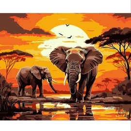 NEWENMO DIY Two Elephants Paint by Numbers Adult, Sunset Paint by Numbers Adult, Painting by Numbers Kits, DIY Hand Painted Oil Painting Set with Brushes and Acrylic Paints, for Home Decor, 40 x 50 cm