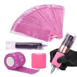 ATOMUS 200pcs Sealable Wireless Tattoo Pen Covers with 2pcs Grip Tapes Bandages Set Disposable Large Plastic Tattoo Pen Bags Kit Tattoo Machine Accessories (Pink)