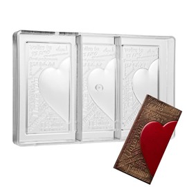 Greyas CM 3844 Louis Amado Clear Polycarbonate Chocolate Mold Candy Mould with 3 Heart-with-Love-Messages-Rectangular-Tablet Cavities, Each 70mm x 140mm x 9.45mm High, 70x140mm x 9.45mmH