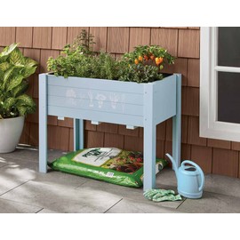 Chonsun Kids Raised Garden Bed, 30 x 24 x 18 Inch Wooden Elevated Raised Garden Bed for Kids Outdoor Raised Planter Box with Legs and DIY Chalkboard for Vegetables Grass Lawn Yard, Light Blue