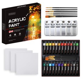 24 Vibrant Colours Acrylic Paint Set 12 ml x24 Tubes for Artist, with 6 Paint Brushes, Stainless Steel Palette, 3 Blank Canvas, for Most Surfaces, Wood, Ceramic, Fabric, Crafts GC-AP24 (24)