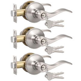 Knobonly 3 Pack Keyed Alike Bathroom/Bedroom Door Lock, Satin Nickel Front Door Handle, Exterior Door Handle, Same Key for Each Pack, Zinc Alloy