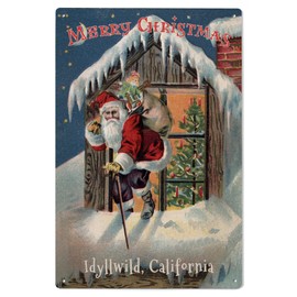 Lantern Press 6x9 Inch Wood Sign, Ready to Hang Wall Decor, Idyllwild, California, Merry Christmas, Santa Climbing Out Window