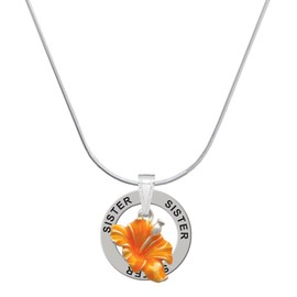 Delight Jewelry Silvertone Hot Orange Hibiscus Flower - Sister Ring Charm Necklace, 18"