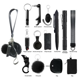 Piyhfir Keychain Wallet Set with Airtag Holder - Detachable Wristlet, Mini Zip Pouch, Bottle Opener & Pom Pom Charm for Women (Black)