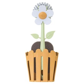 Vigar Florganic 3-Piece Sink Caddy Set, Eco-Friendly Daisy-Shaped Dish Brush, Sponge and Fence-Shaped Holder with Suction Cup, Orange