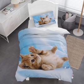 HOMHOMHA Kitty Duvet Cover Set Double Size for Kids Boys Girls Bedroom Bedding Set,Cute Yellow Cat Pearl Blue Duvet Cover Bedspread,Cat Duvet Set 200X200cm