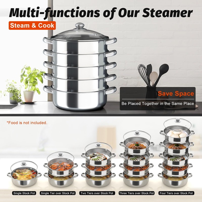 5-Tier Steamer Pot for Cooking, 11.8 Inch Steam Pots with