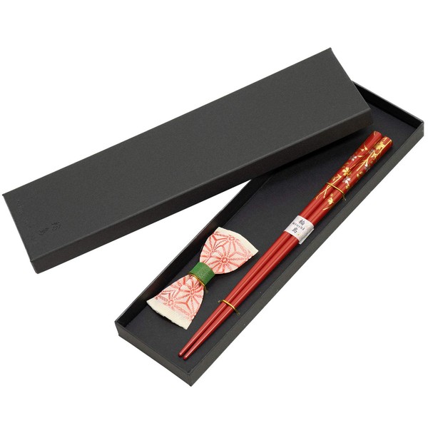 Chopsticks & Chopsticks Rest Set, Gift Box Included, (Wajima Painted & Kurashiki Ribbon Collaboration, 8.4 inches (21.3 cm), Luxury Chopsticks, Chopsticks Rest, Natural Lacquer, Snowmoon Flower Gift, Made in Japan