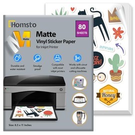 Vinyl Sticker Paper, Matte Printable Sticker Paper for Inkjet Printer, Quick Drying, Water Resistant, Scratch Resistant, Sticks to Most Surfaces, 8.5 x 11 Inches, 80 Sheets