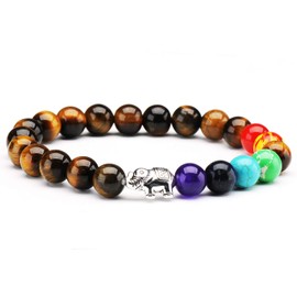 7 Chakra Bracelet, Natural Tiger Eye Stone Healing Gemstone Bracelet 8mm Semi Precious Stones Bracelet with Luck Elephant