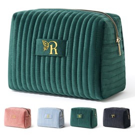 COSHAYSOO Travel Makeup Bag Quilted Make Up Pouch Initial Cosmetic Case for Women Hair Eyebrow Eyeshadow Brushes Powder Foundation Blush Bronzer Contour Palette Items Organizer Green Letter R
