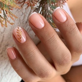 Spring Press on Nails Square Fake Nails Medium Glue on Nails White French Tip Nails Press ons Glossy False Nails with Leaves Designs Nude Acrylic Nails Summer Stick on Nails for Women 24Pcs