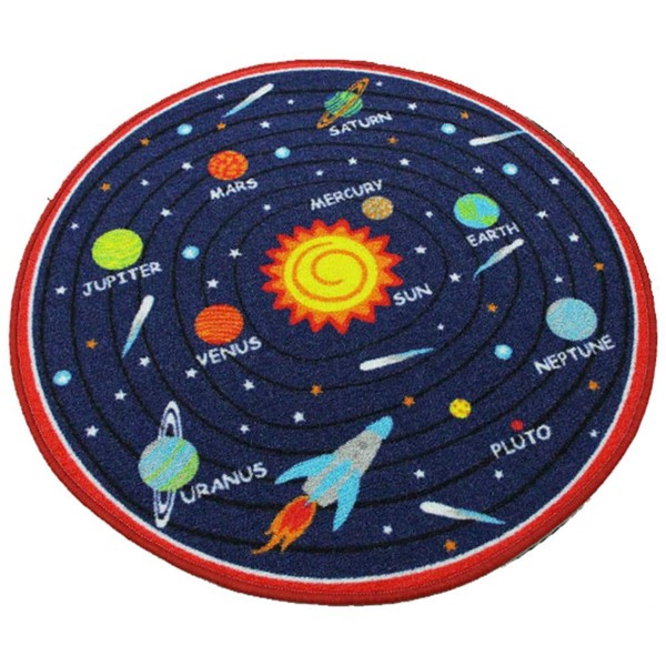 HUAHOO Blue Solar System Kids Area Rug Educational Learning Carpet Fun Rug Children Area Rug for Playroom & Nursery - Non Skid Gel Backing (79" Round, Round Solar System)