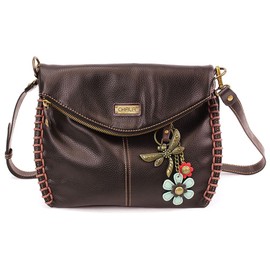 CHALA Charming Crossbody Bag with Zipper Flap Top and Metal Chain - Dark Brown - Dragonfly
