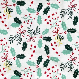 Christmas Fabric - Holly Leaves & Candy Canes on Cream - Xmas Craft Fabric Material Metre
